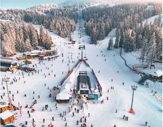 Aerial view of the Les Gets front de neige and ski lifts
